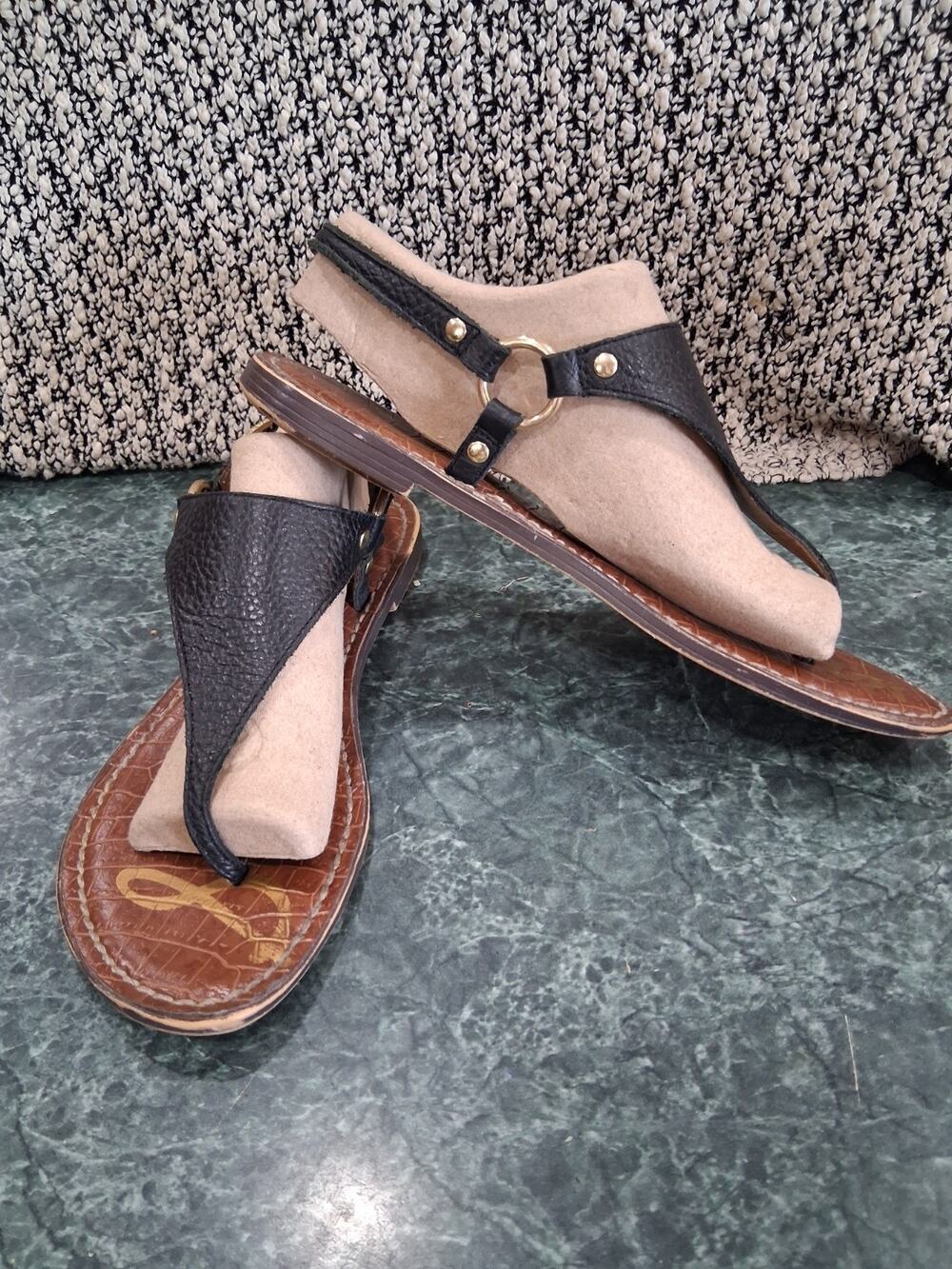 Sam Edelman GIGI T Strap Slingback Sandals Thongs Black Pebbled Womens Sz 7.5